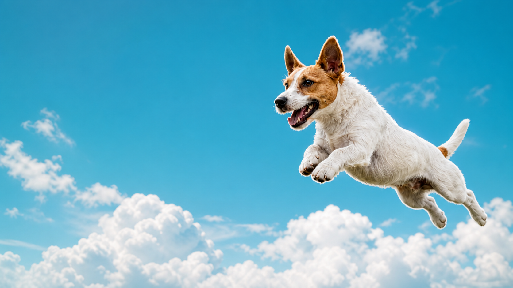 A joyful dog leaping through a bright blue sky at K9 Heaven